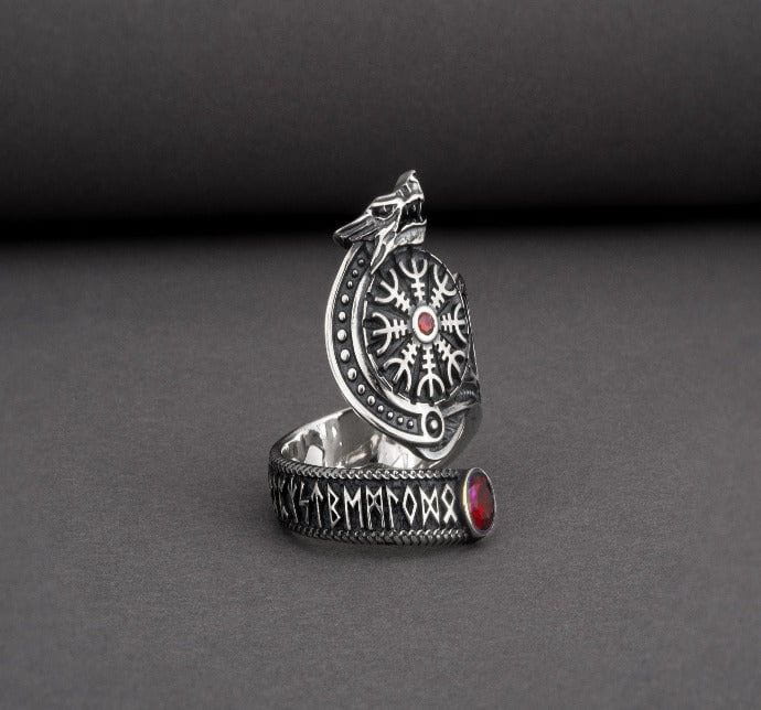 Unique Ancient Viking runic ring with Fenrir and Helm of Awe with gem, 925 silver handcrafted Norse jewelry-3