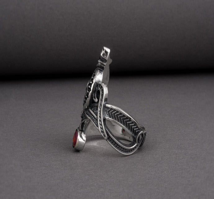 Unique Ancient Viking runic ring with Fenrir and Helm of Awe with gem, 925 silver handcrafted Norse jewelry-4