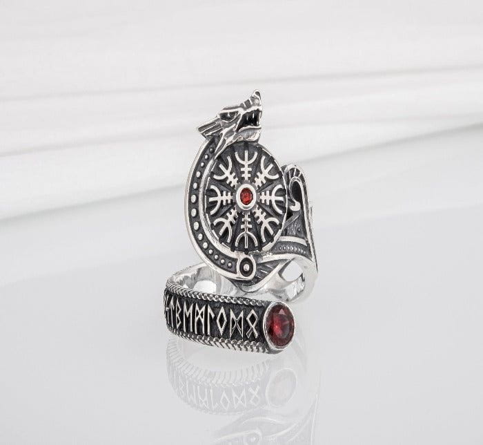 Unique Ancient Viking runic ring with Fenrir and Helm of Awe with gem, 925 silver handcrafted Norse jewelry-5