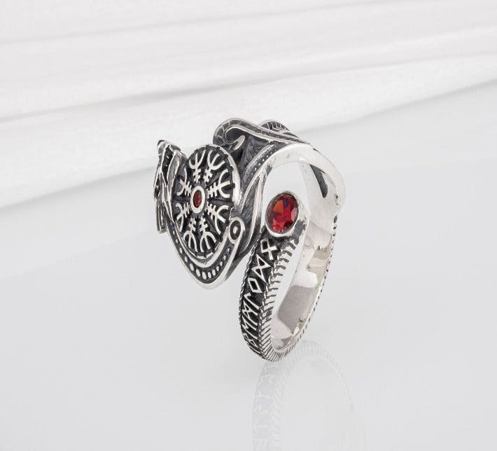 Unique Ancient Viking runic ring with Fenrir and Helm of Awe with gem, 925 silver handcrafted Norse jewelry-6