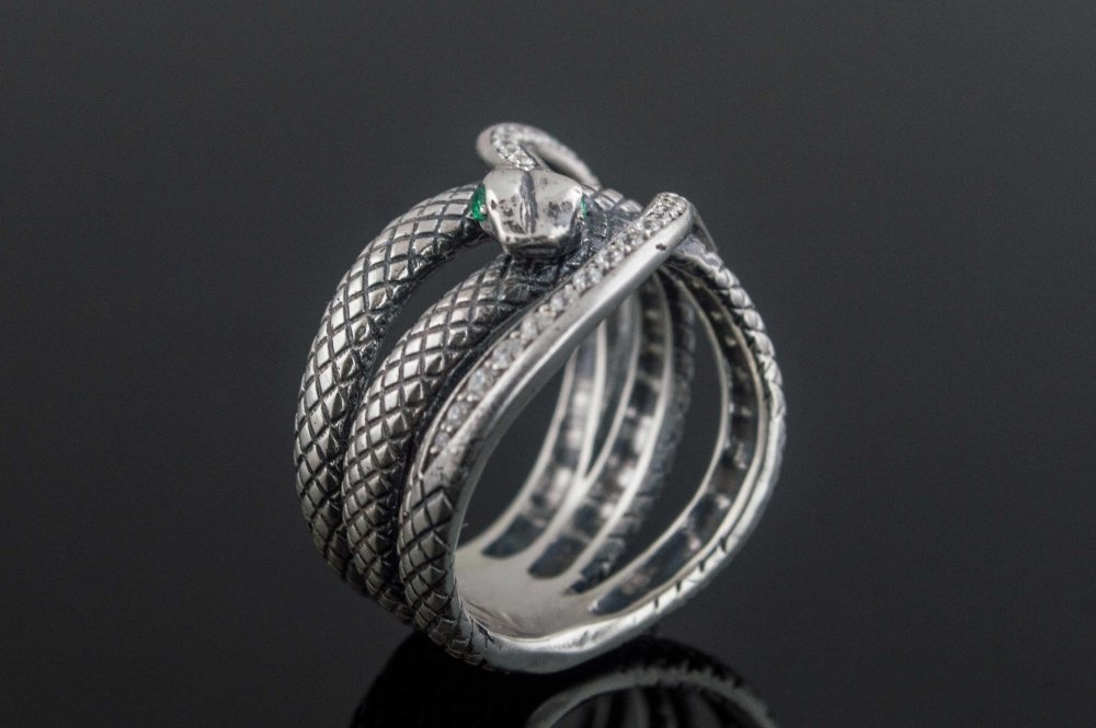 Unique Handmade Snake Ring with Gem Sterling Silver Jewelry-3