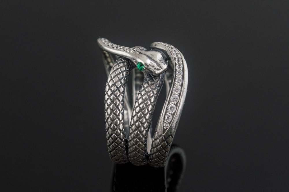 Unique Handmade Snake Ring with Gem Sterling Silver Jewelry-6