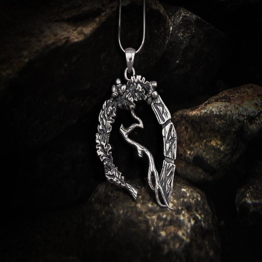 Unique sterling silver pendant with Oak branch, leaves, and runes, handcrafted jewelry-1