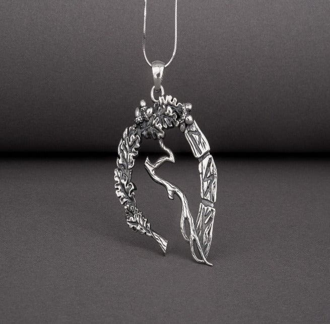 Unique sterling silver pendant with Oak branch, leaves, and runes, handcrafted jewelry-2