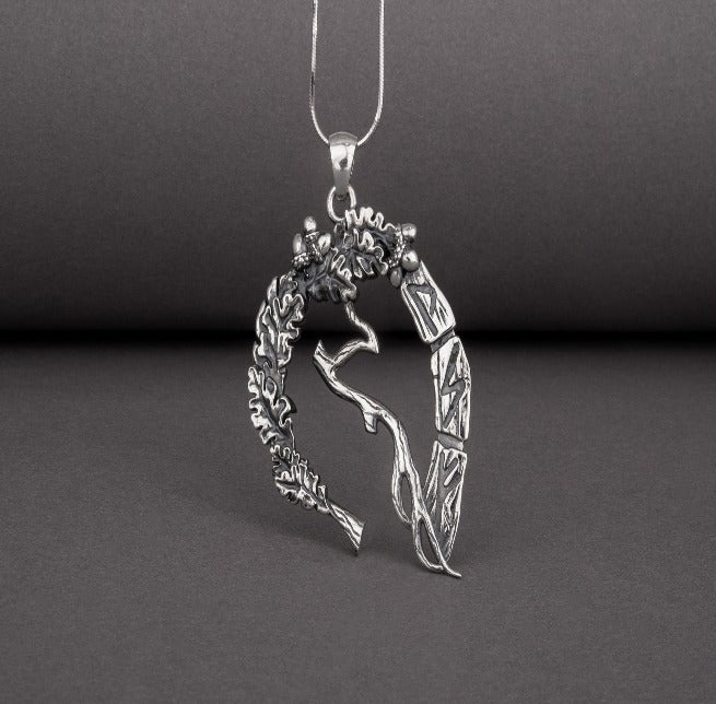 Unique sterling silver pendant with Oak branch, leaves, and runes, handcrafted jewelry-2