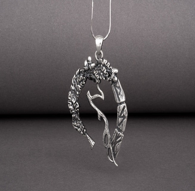 Unique sterling silver pendant with Oak branch, leaves, and runes, handcrafted jewelry-3