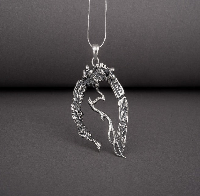 Unique sterling silver pendant with Oak branch, leaves, and runes, handcrafted jewelry-4