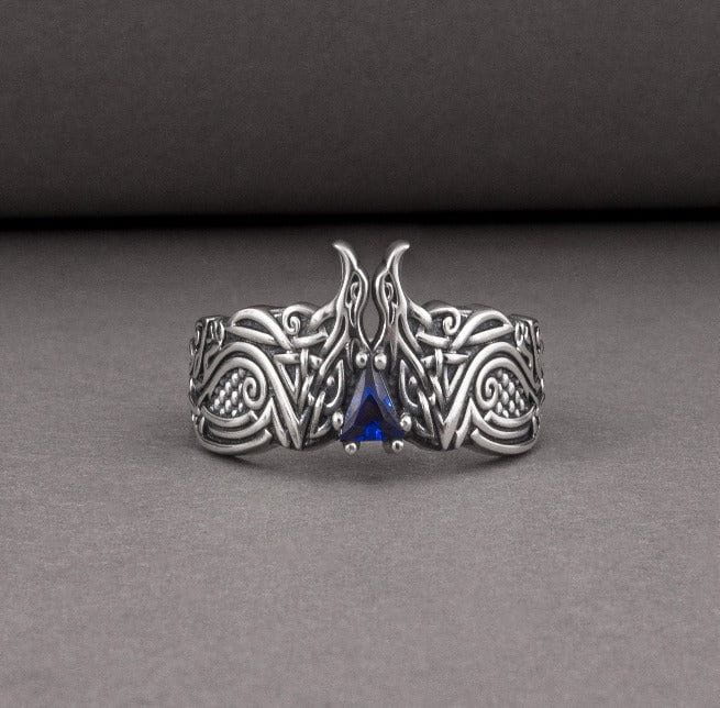 Unique Viking ravens ring with blue gem, handcrafted norse ornament jewelry-2