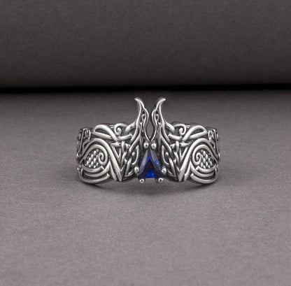 Unique Viking ravens ring with blue gem, handcrafted norse ornament jewelry-2