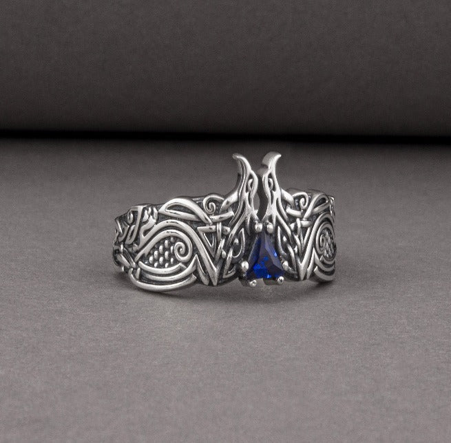 Unique Viking ravens ring with blue gem, handcrafted norse ornament jewelry-3
