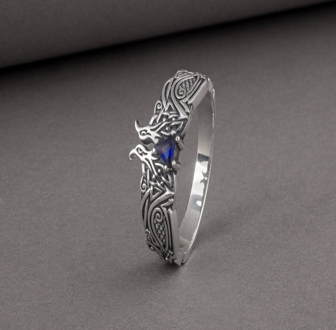 Unique Viking ravens ring with blue gem, handcrafted norse ornament jewelry-4