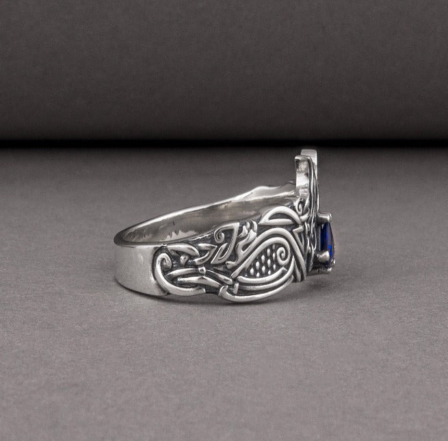 Unique Viking ravens ring with blue gem, handcrafted norse ornament jewelry-5
