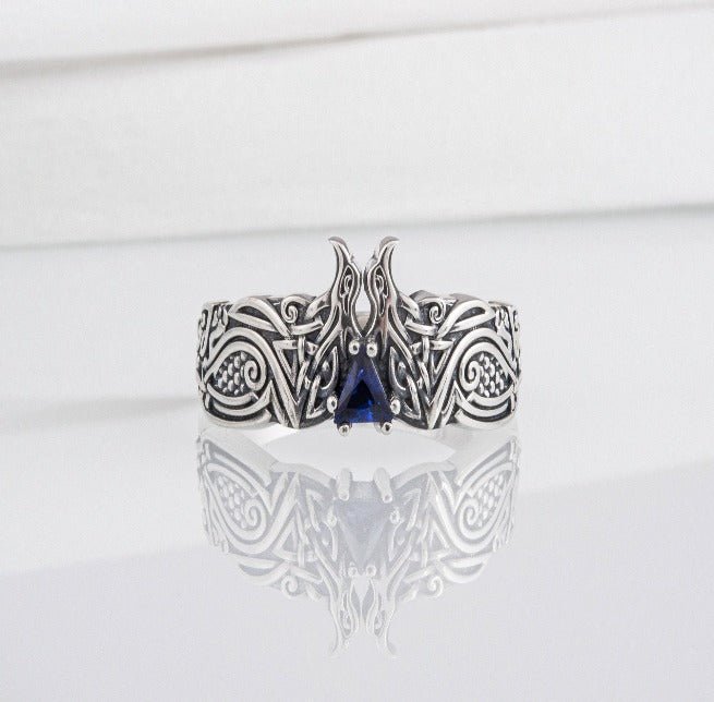 Unique Viking ravens ring with blue gem, handcrafted norse ornament jewelry-6
