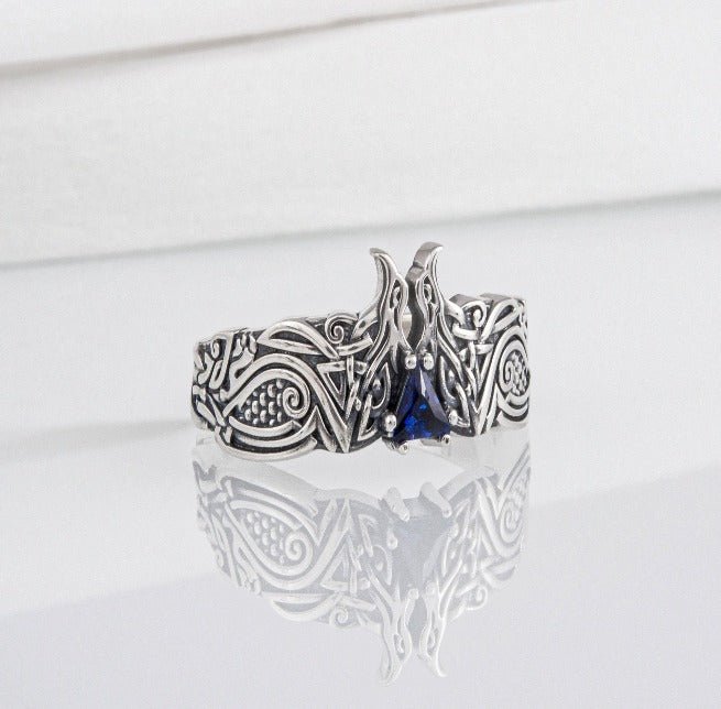 Unique Viking ravens ring with blue gem, handcrafted norse ornament jewelry-7