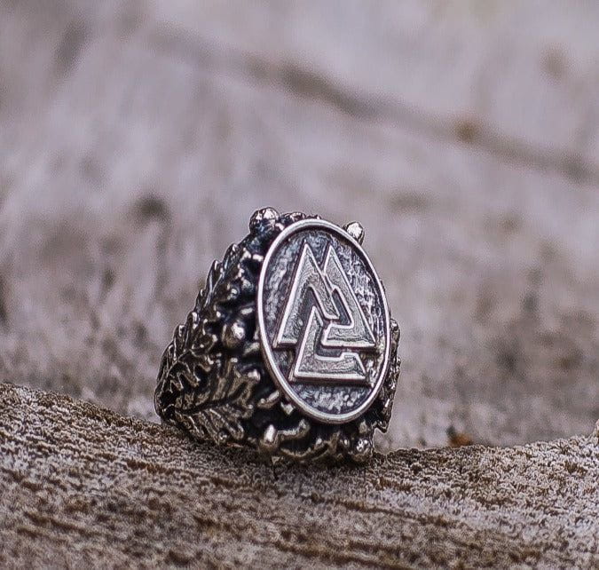 Valknut Ring with Oak Leaves and Acorns Sterling Silver Viking Ring-1