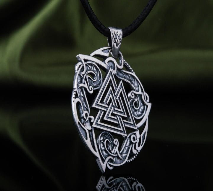 Valknut Symbol Pendant with Ornament Sterling Silver Norse Jewelry-3
