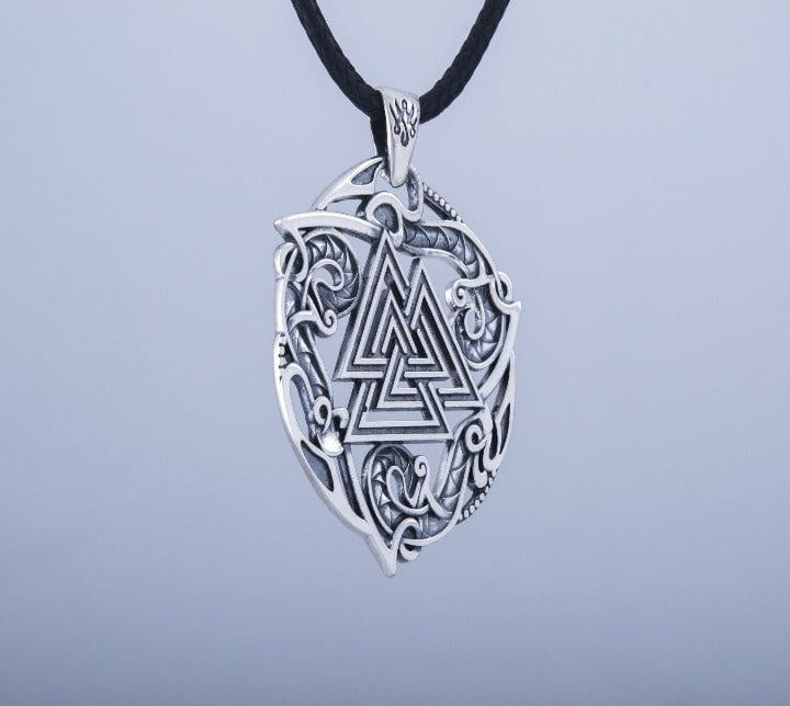 Valknut Symbol Pendant with Ornament Sterling Silver Norse Jewelry-4