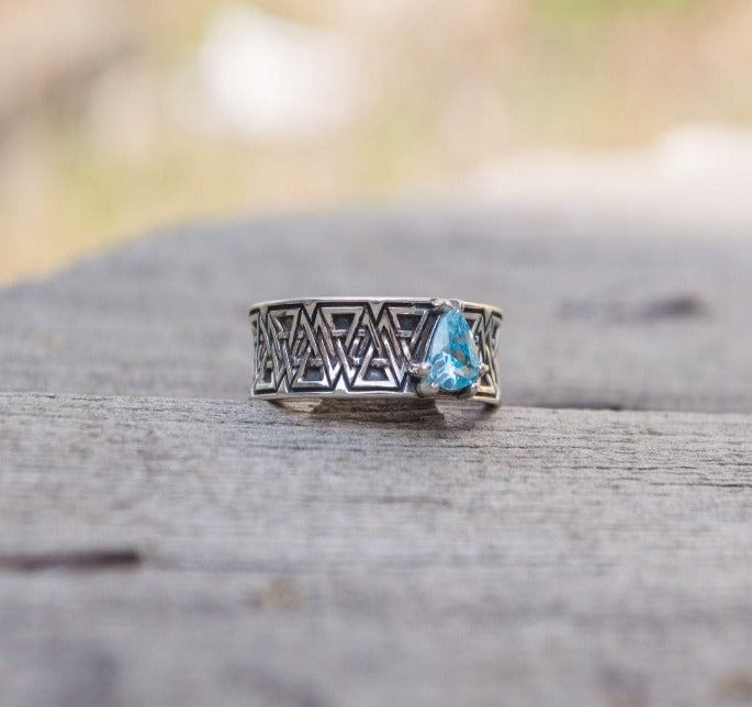 Valknut Symbol Ring with Blue Cubic Zirconia Sterling Silver Handmade Jewelry-1