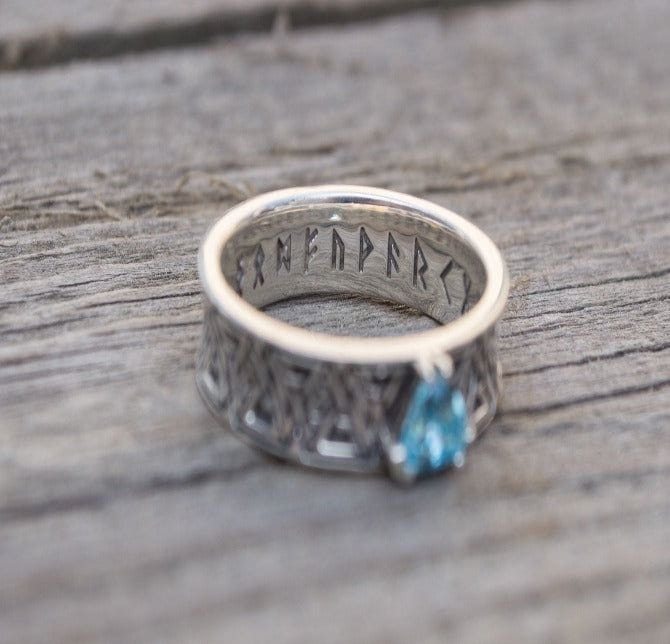 Valknut Symbol Ring with Blue Cubic Zirconia Sterling Silver Handmade Jewelry-2