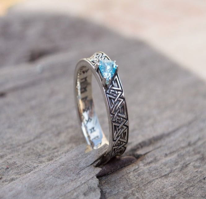 Valknut Symbol Ring with Blue Cubic Zirconia Sterling Silver Handmade Jewelry-3