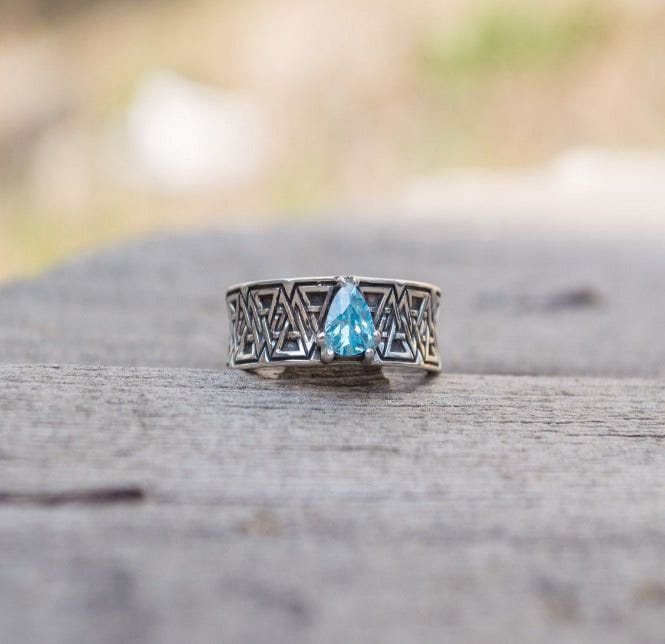 Valknut Symbol Ring with Blue Cubic Zirconia Sterling Silver Handmade Jewelry-4