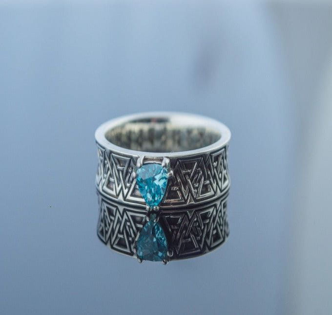 Valknut Symbol Ring with Blue Cubic Zirconia Sterling Silver Handmade Jewelry-5