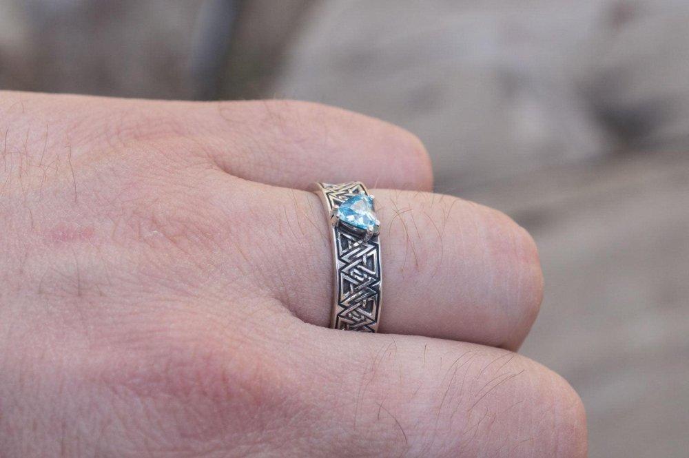 Valknut Symbol Ring with Blue Cubic Zirconia Sterling Silver Handmade Jewelry-6