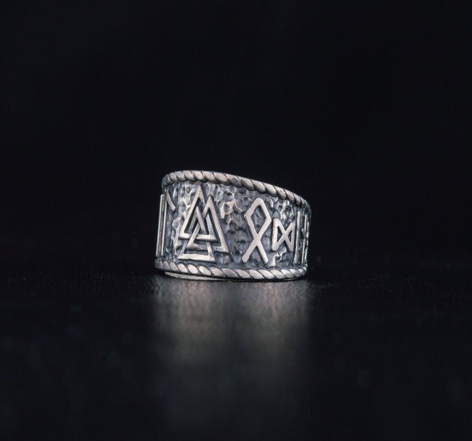 Valknut Symbol With HAIL ODIN Runes Sterling Silver Pagan Ring-2