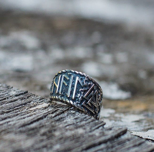 Valknut Symbol With HAIL ODIN Runes Sterling Silver Pagan Ring-3