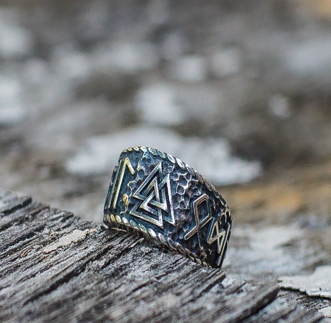 Valknut Symbol With HAIL ODIN Runes Sterling Silver Pagan Ring-4
