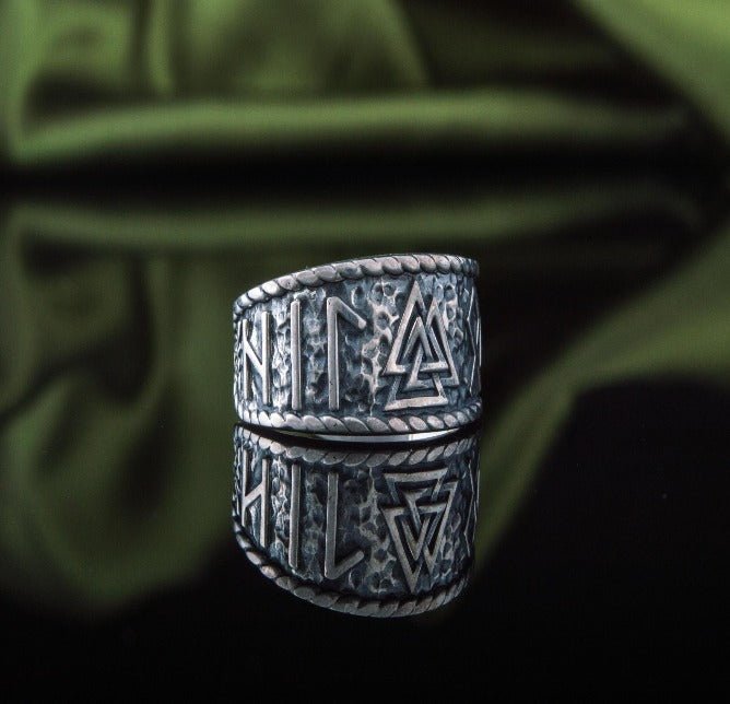 Valknut Symbol With HAIL ODIN Runes Sterling Silver Pagan Ring-5