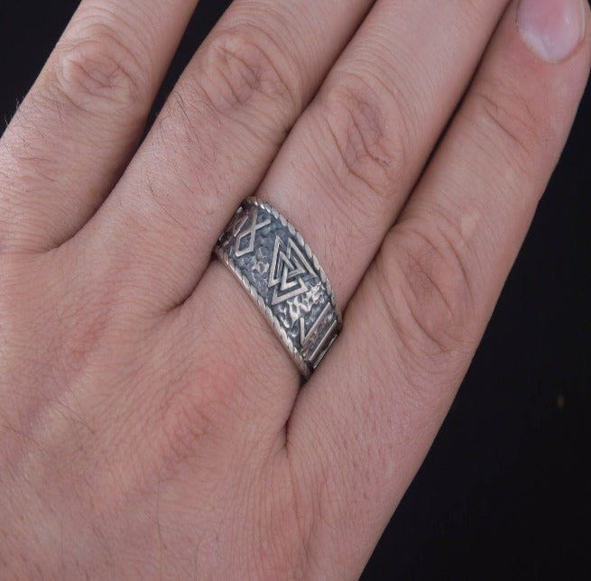 Valknut Symbol With HAIL ODIN Runes Sterling Silver Pagan Ring-7