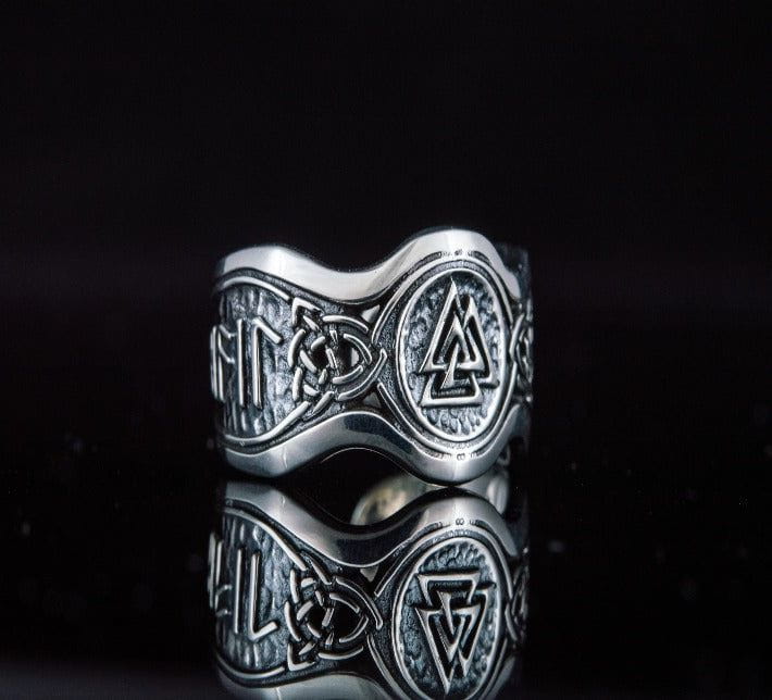 Valknut Symbol With HAIL ODIN Runes Sterling Silver Viking Ring-1