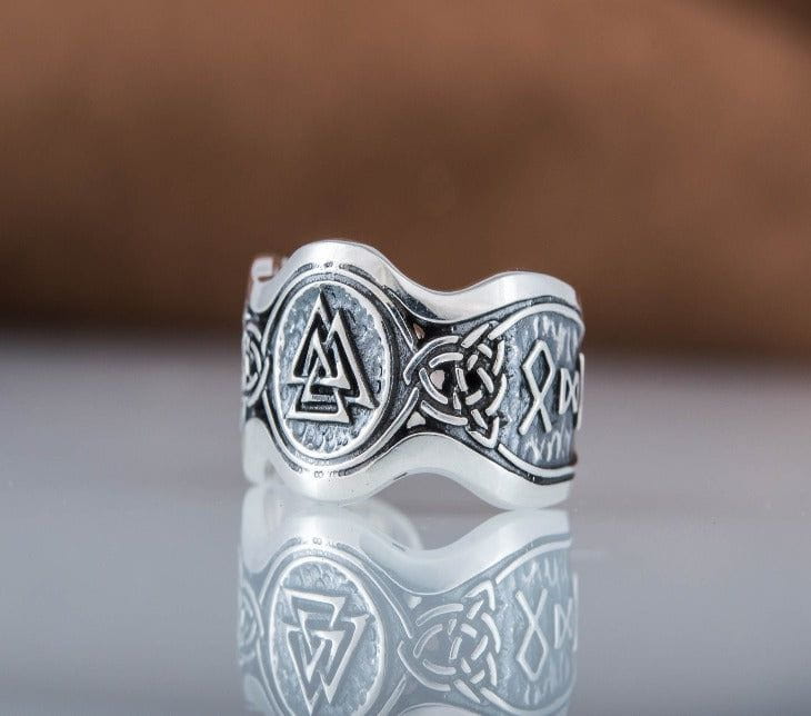 Valknut Symbol With HAIL ODIN Runes Sterling Silver Viking Ring-2