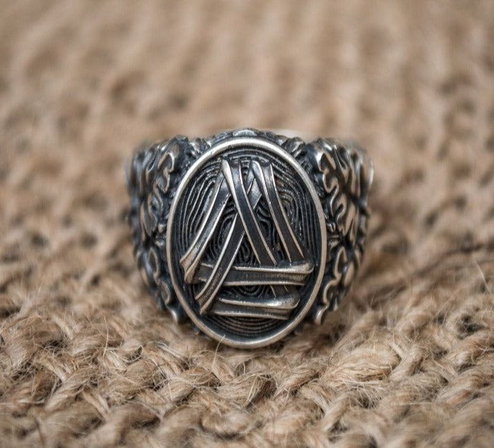 Valknut Symbol with Oak Leaves and Acorns Sterling Silver Norse Ring-1
