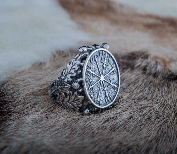 Vegvisir Symbol aka Runic Compass with Oak Leaves and Acorn Sterling Silver Norse Ring-2