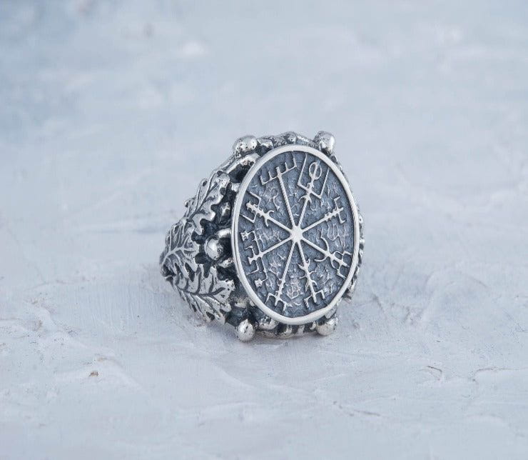 Vegvisir Symbol aka Runic Compass with Oak Leaves and Acorn Sterling Silver Norse Ring-4