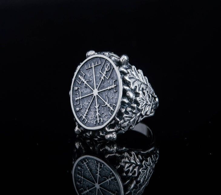 Vegvisir Symbol aka Runic Compass with Oak Leaves and Acorn Sterling Silver Norse Ring-5