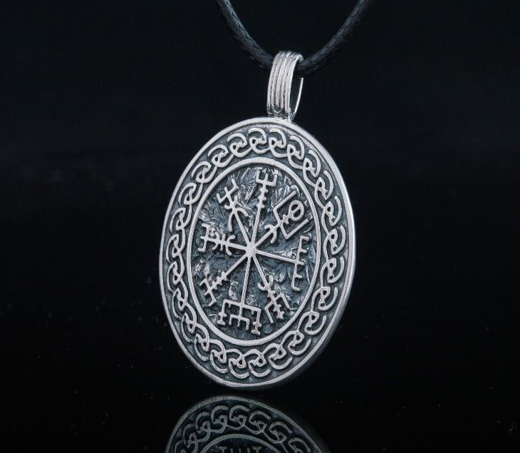Vegvisir Symbol with Viking Ornament Pendant Sterling Silver Pagan Jewelry-1
