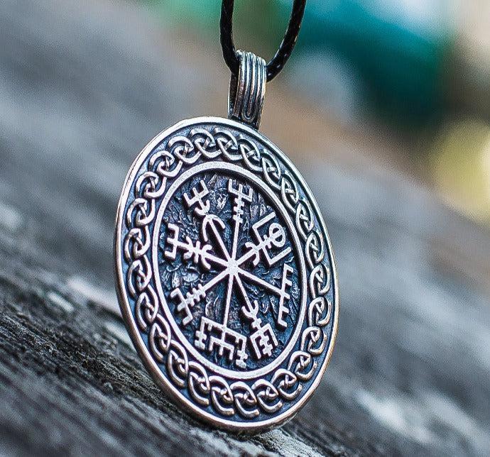 Vegvisir Symbol with Viking Ornament Pendant Sterling Silver Pagan Jewelry-3