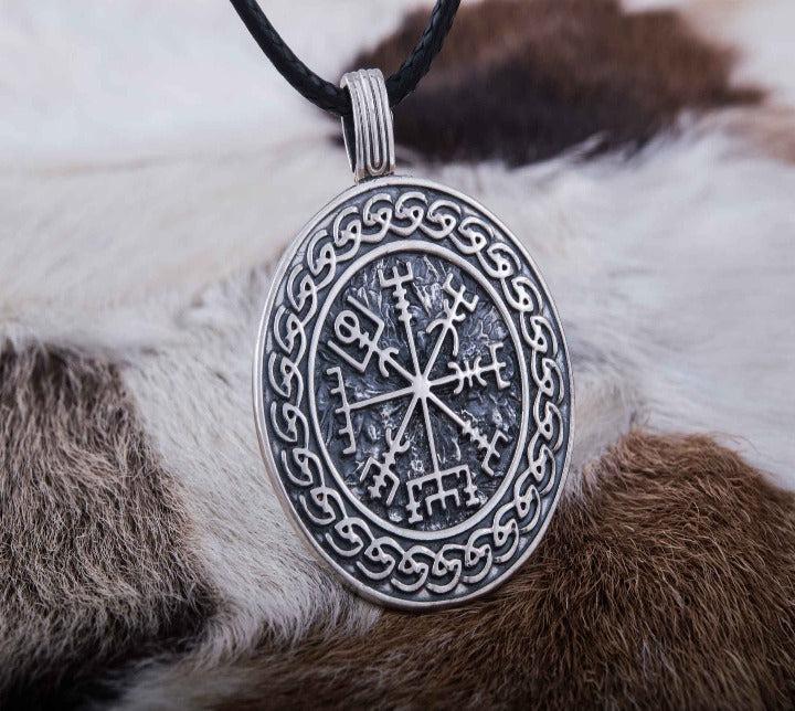 Vegvisir Symbol with Viking Ornament Pendant Sterling Silver Pagan Jewelry-5