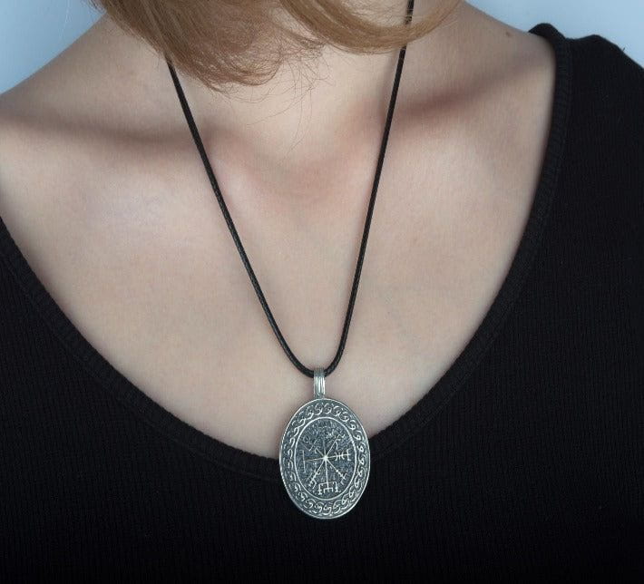 Vegvisir Symbol with Viking Ornament Pendant Sterling Silver Pagan Jewelry-7