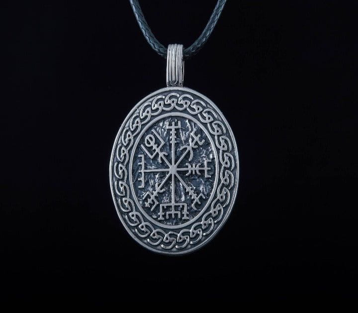 Vegvisir Symbol with Viking Ornament Pendant Sterling Silver Pagan Jewelry-8
