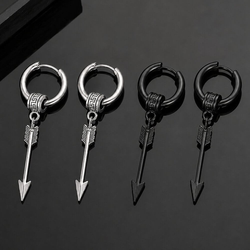 Viking Arrow Drop Hoop Earrings featuring Nordic Engraved patterns - two pairs with arrow charms in silver and matte black finish