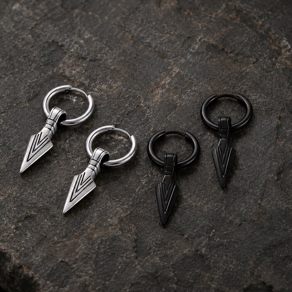 Viking Arrowhead Hoop Earrings featuring Nordic Geometric Design - two pairs shown in polished silver and matte black finish