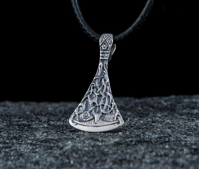 Viking Axe Small Sterling Silver Pendant with Ornament from Mammen Village-1
