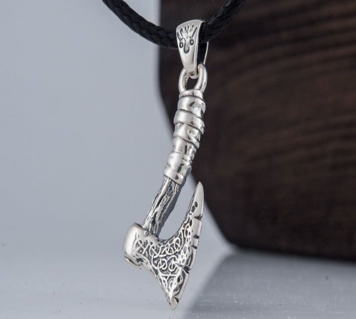 Viking Axe with Ornament Pendant Sterling Silver Norse Jewelry-1