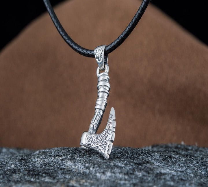 Viking Axe with Ornament Pendant Sterling Silver Norse Jewelry-2