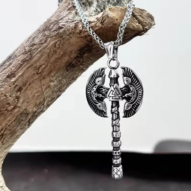 Viking Battle Axe Pendant Necklace | Odin's Ravens & Valknut