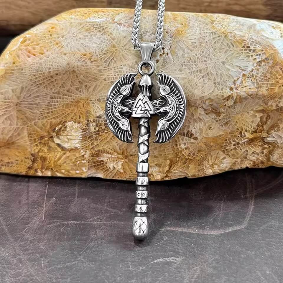 Viking Battle Axe Pendant Necklace | Odin's Ravens & Valknut